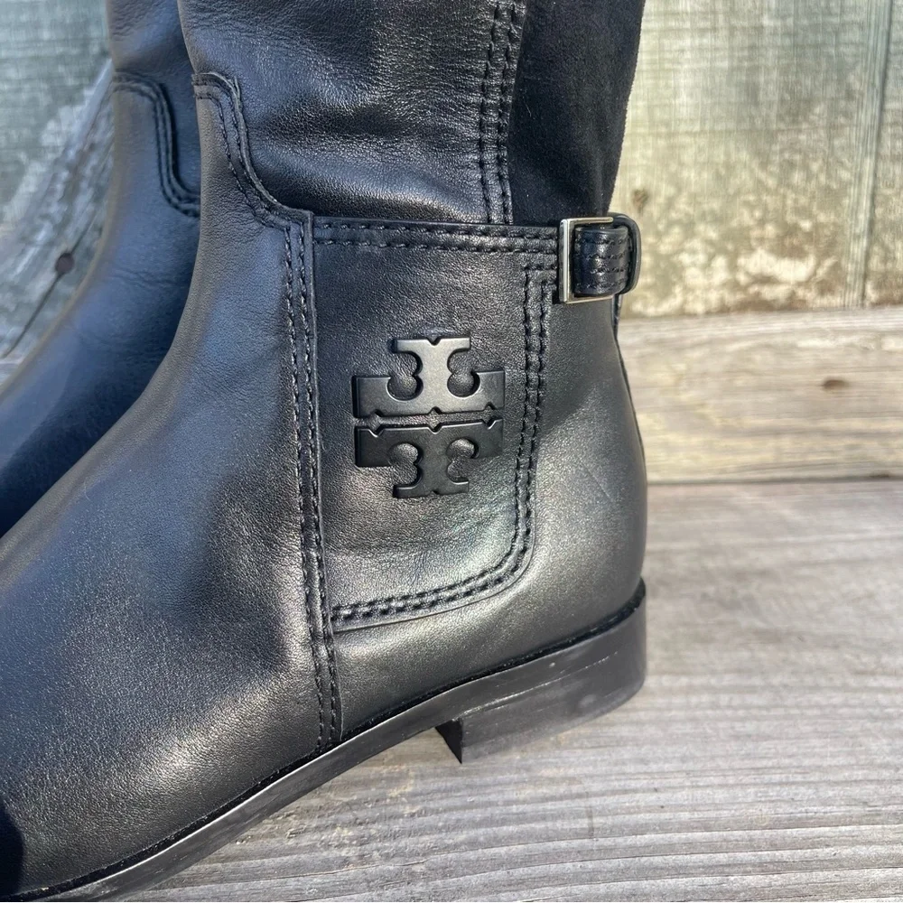 NEW Tory Burch Wyatt Over The Knee Boots Black Leather Logo Riding Boots Size 5